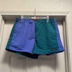 Patagonia Women’s Baggies Blue and Green Recycled Shorts